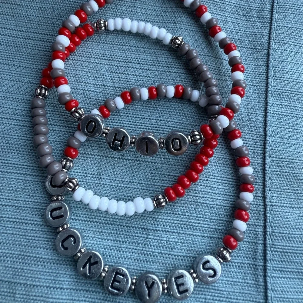 Ohio State Buckeyes Inspired Beaded Bracelet Set - Red, White, Silver